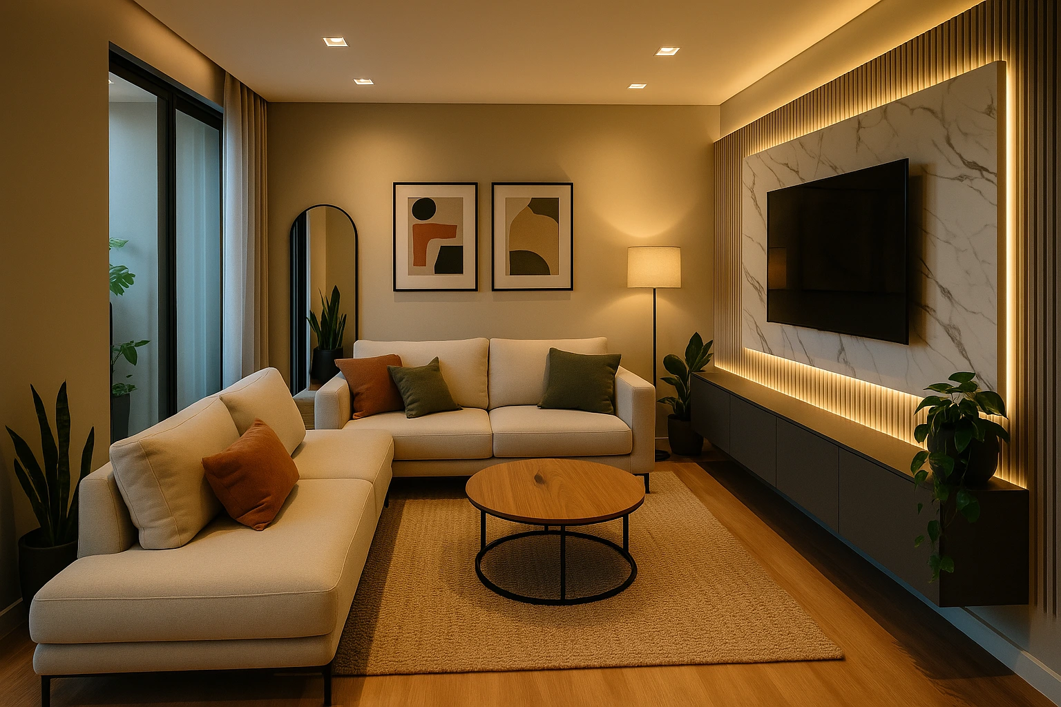 COB LED branco quente iluminando suavemente o painel de TV em uma sala moderna