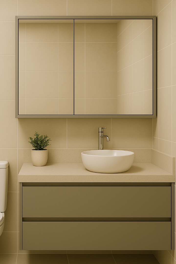 Bancada suspensa em mármore cinza com cuba de apoio