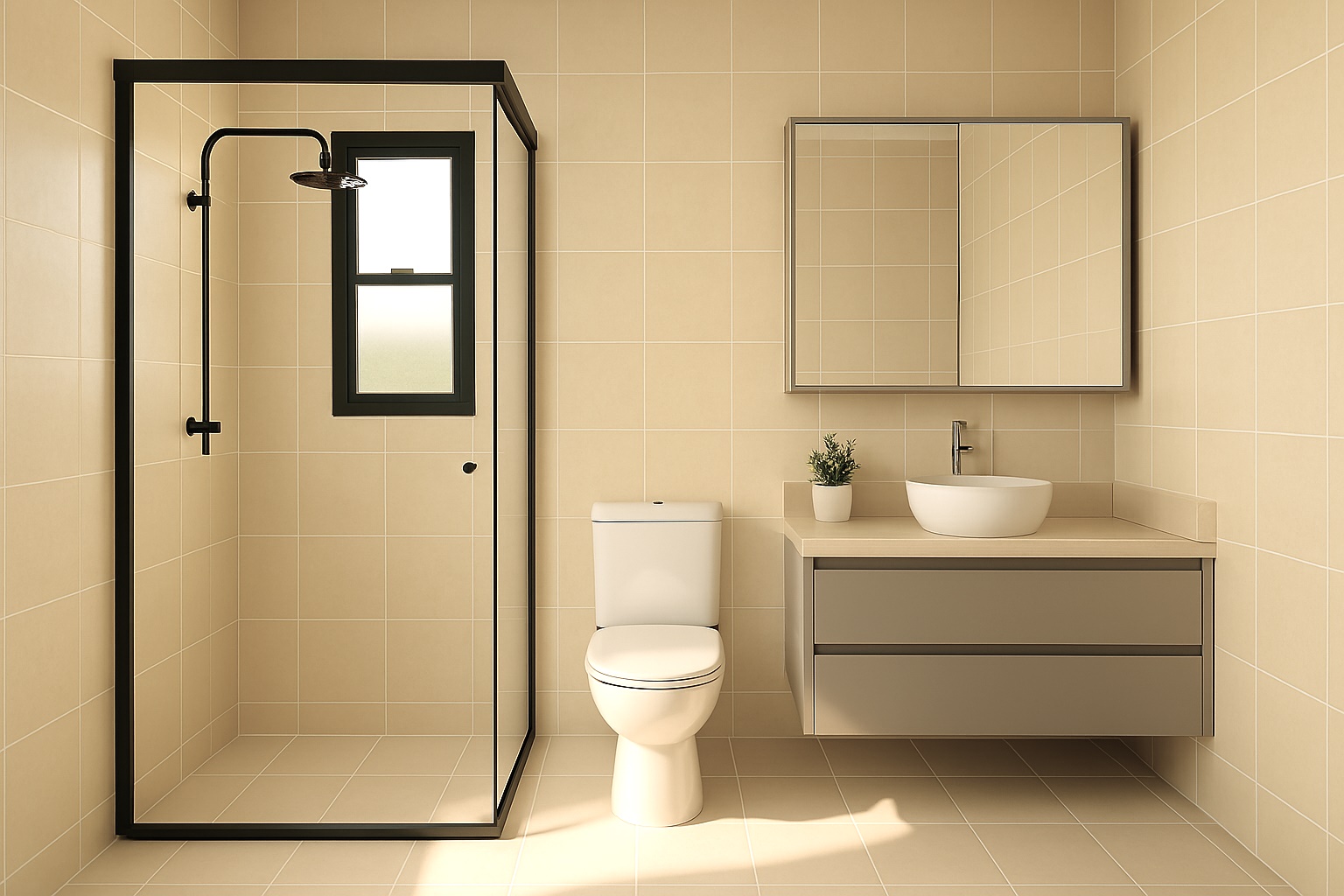 Banheiro pequeno com design elegante em branco e cinza