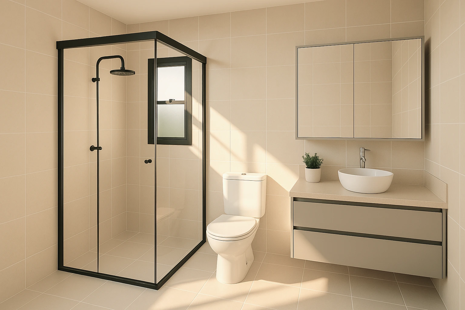 Banheiro pequeno com paredes brancas e iluminação estratégica