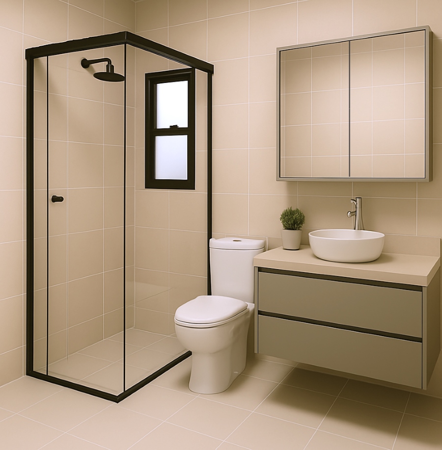 Móveis planejados em tom de cinza em banheiro pequeno