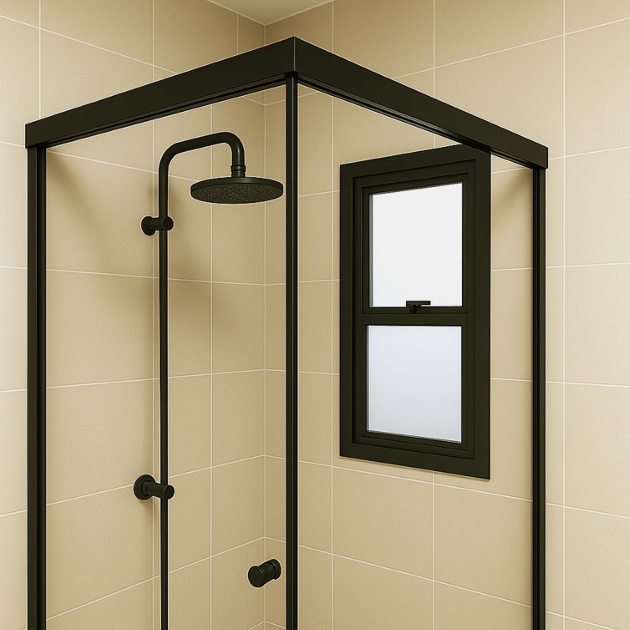 Box de vidro com borda preta em banheiro pequeno