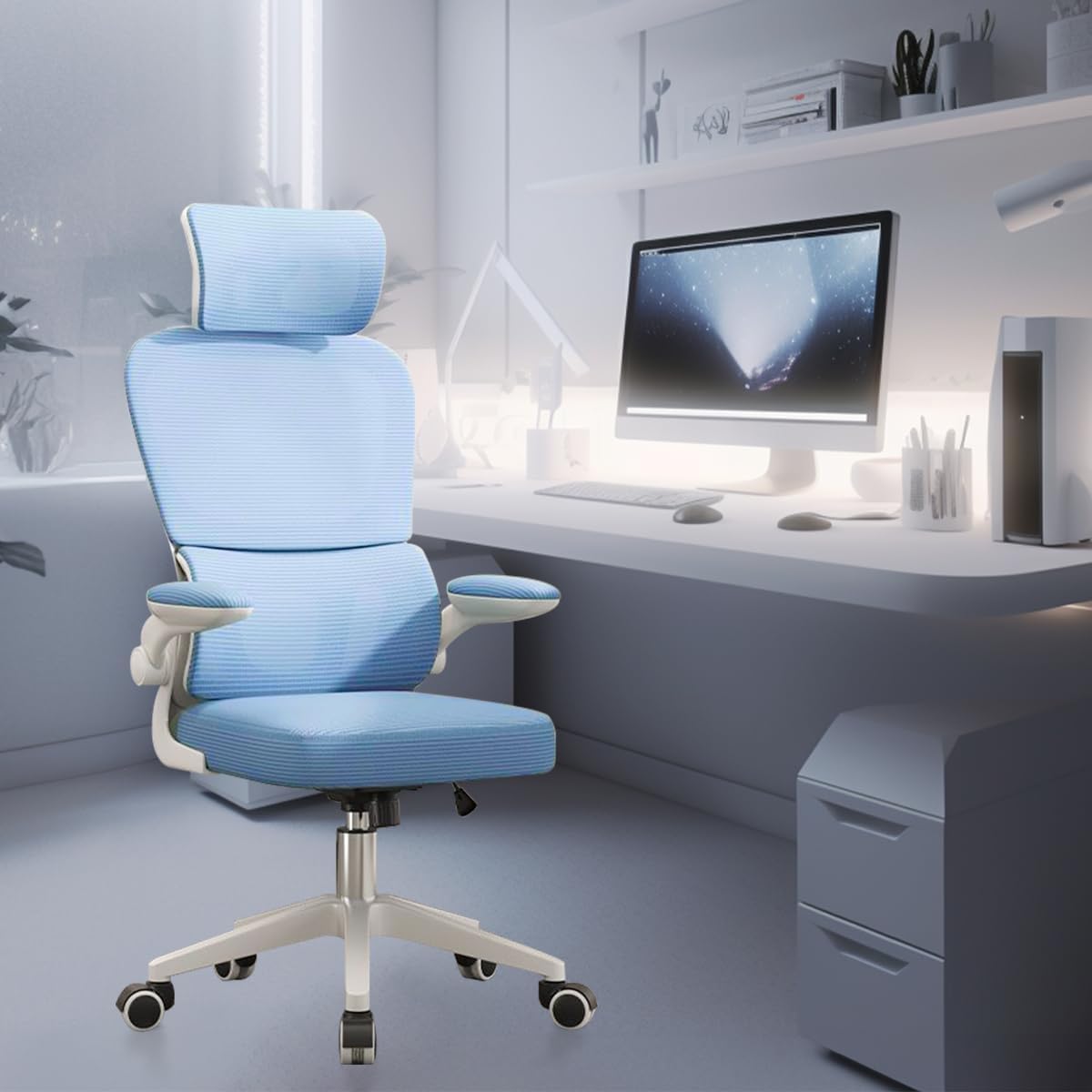 Cadeira de escritório ergonômica com suporte lombar independente, malha respirável, encosto e apoio de cabeça ajustáveis na cor azul
