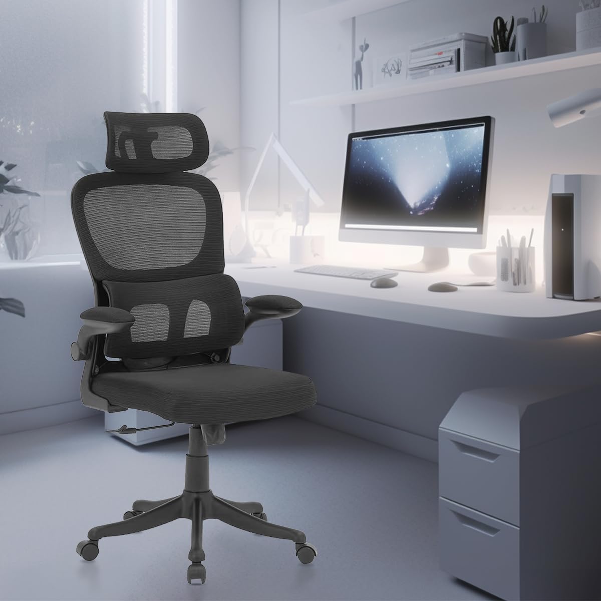Cadeira de escritório ergonômica com suporte lombar independente, malha respirável, encosto e apoio de cabeça ajustáveis na cor preta