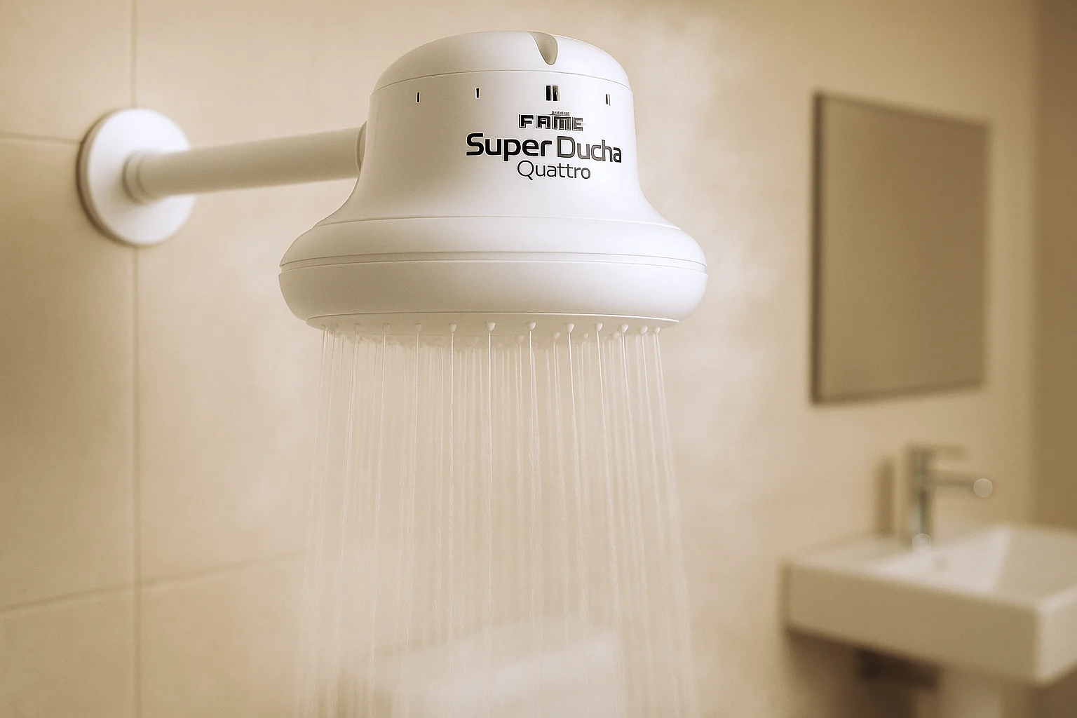Chuveiro elétrico barato Fame Super Ducha Quattro em banheiro, com jato forte.