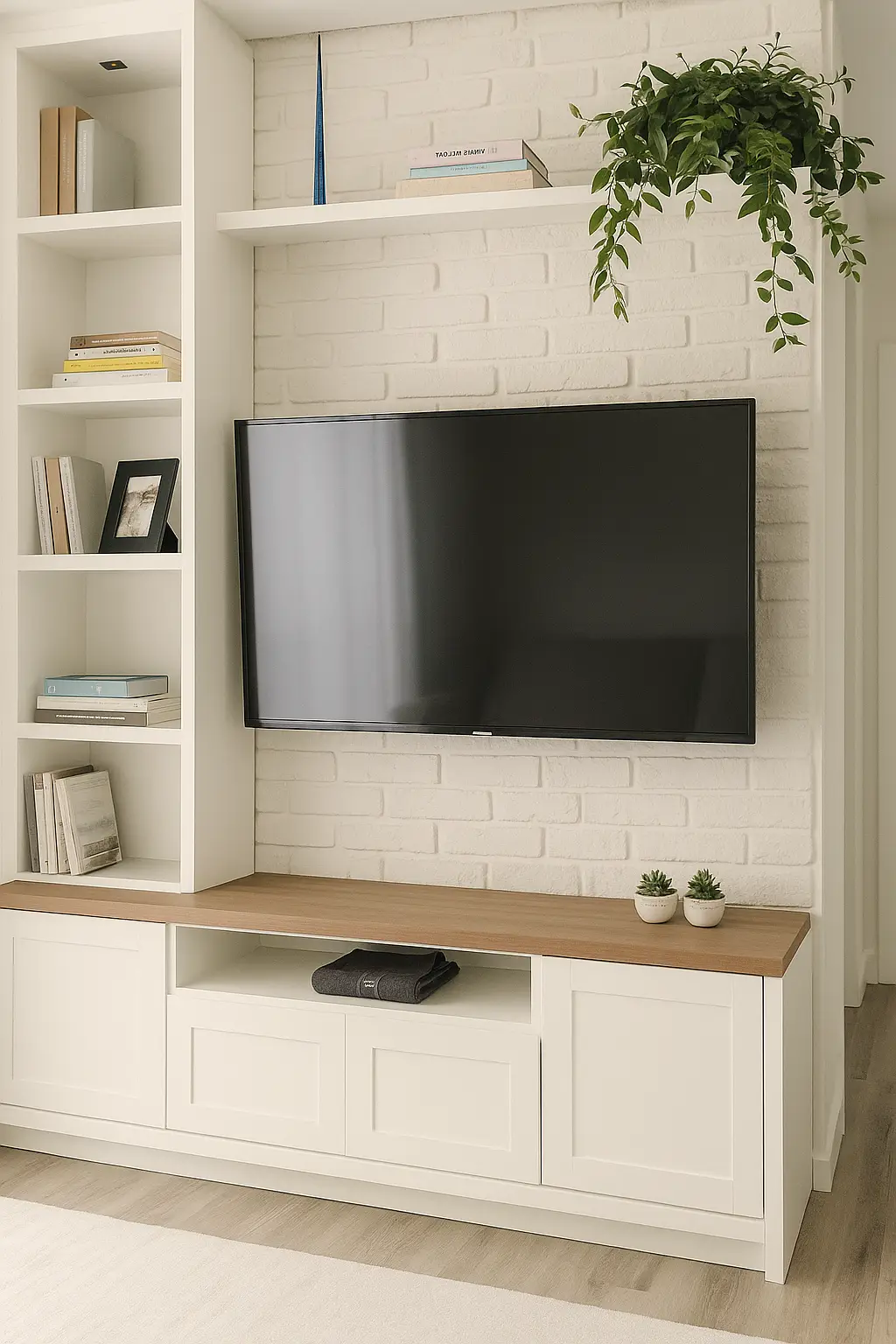 Sala e cozinha de um apartamento pequeno com decoração otimizada e sensação de amplitude