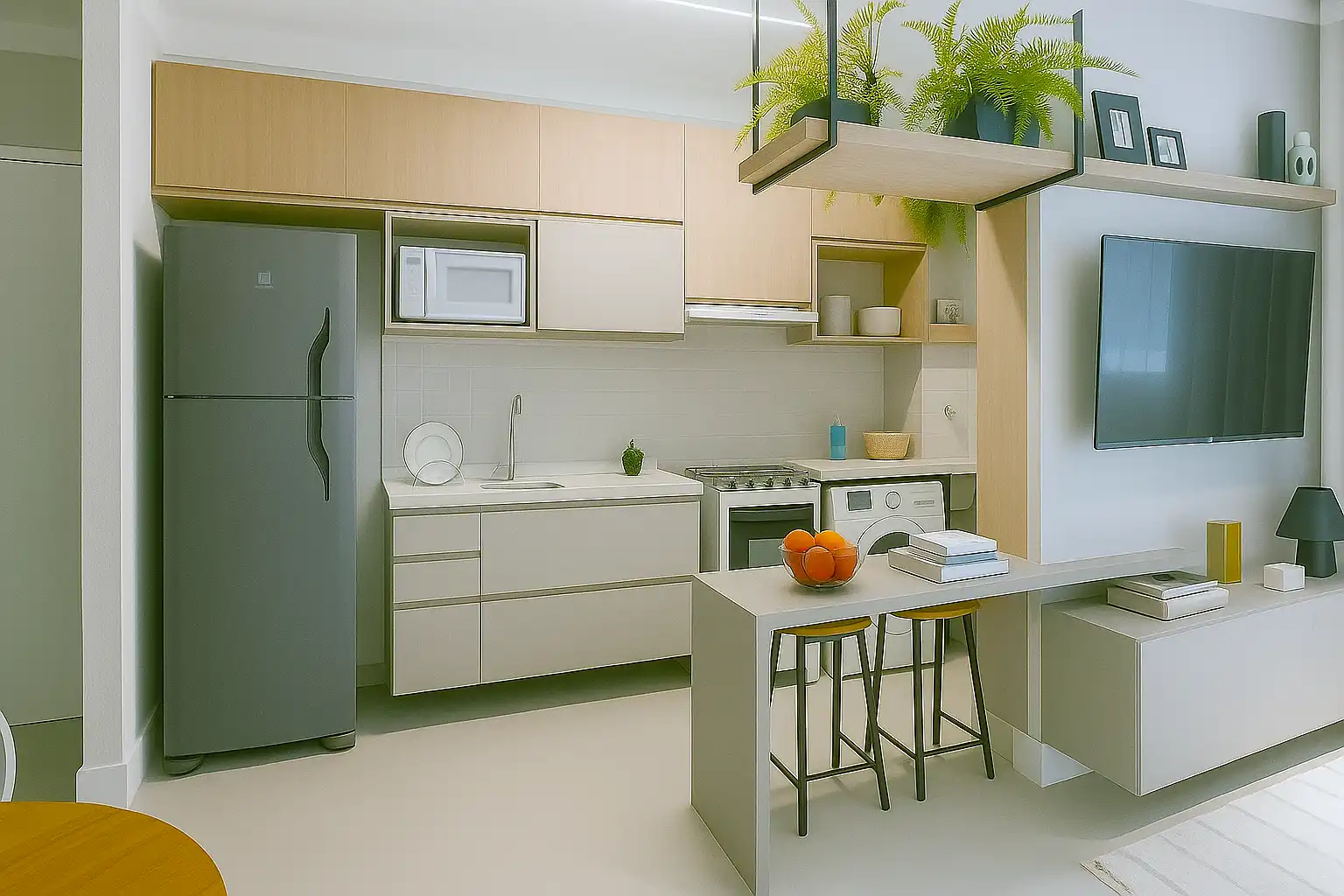 Sala e cozinha de um apartamento pequeno com decoração otimizada e sensação de amplitude