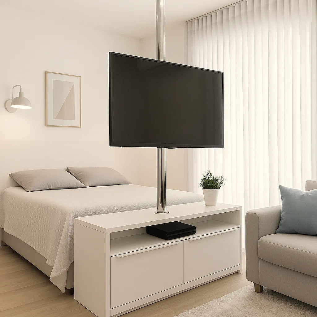 Estrutura giratória para TV dividindo o quarto e a sala em uma kitnet, com a TV direcionada para a sala