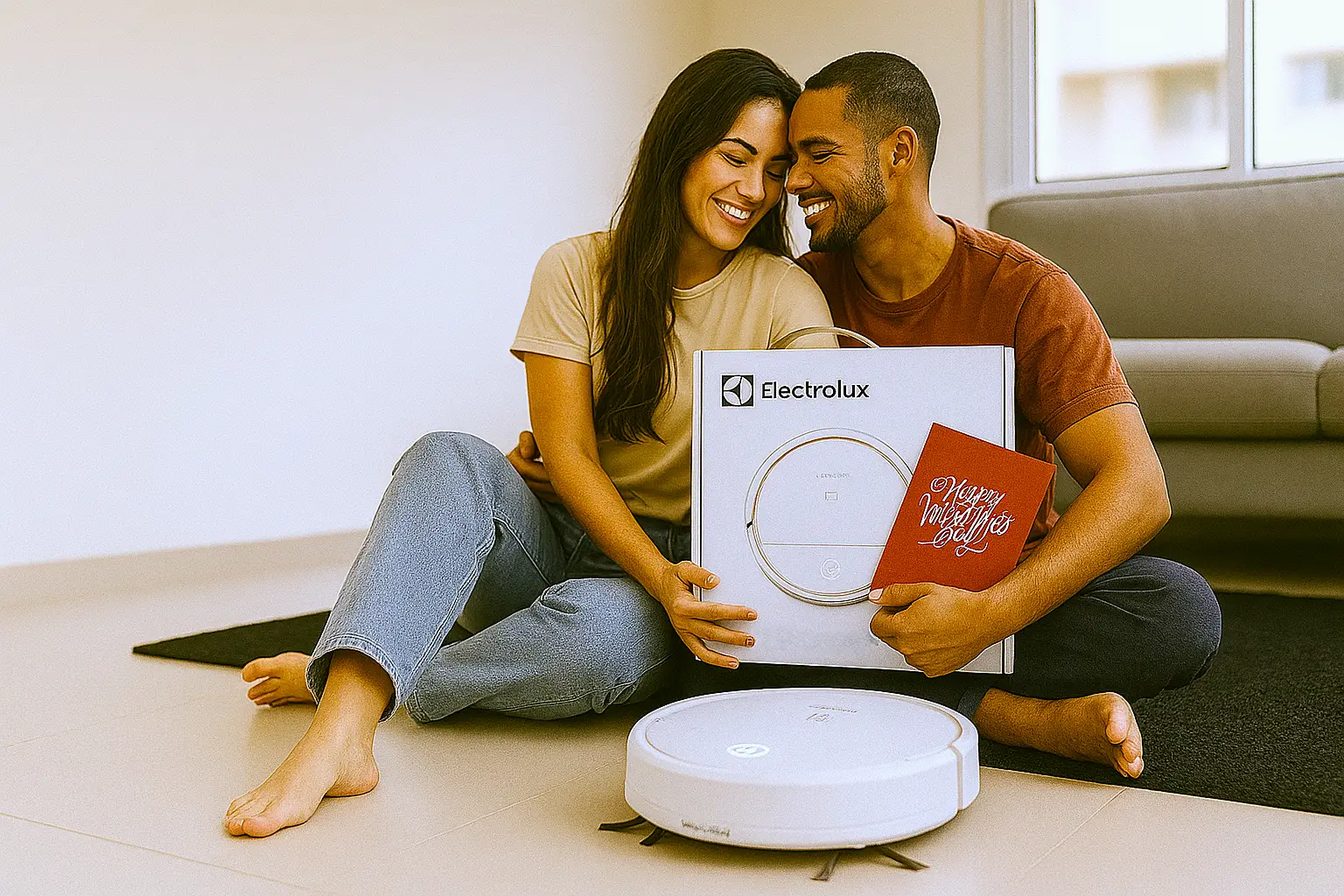Casal celebrando o aspirador robô Electrolux como presente de Dia dos Namorados, em uma casa limpa e moderna.