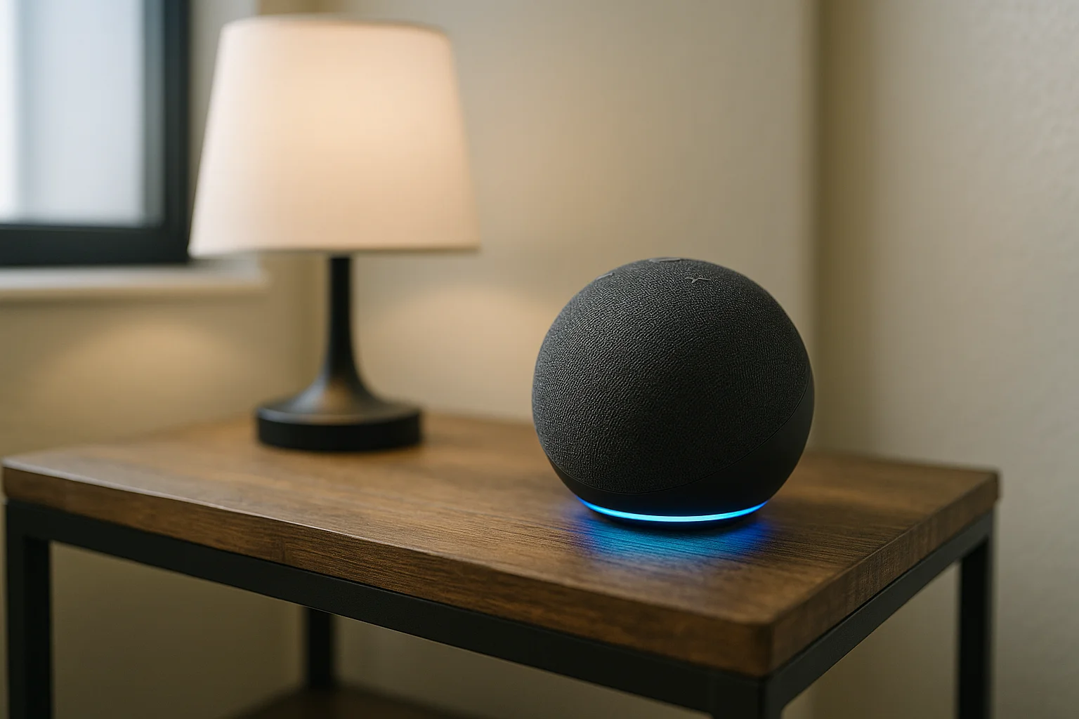 Echo Dot preto em um ambiente de casa inteligente e moderna, tocando música e integrando-se à decoração.