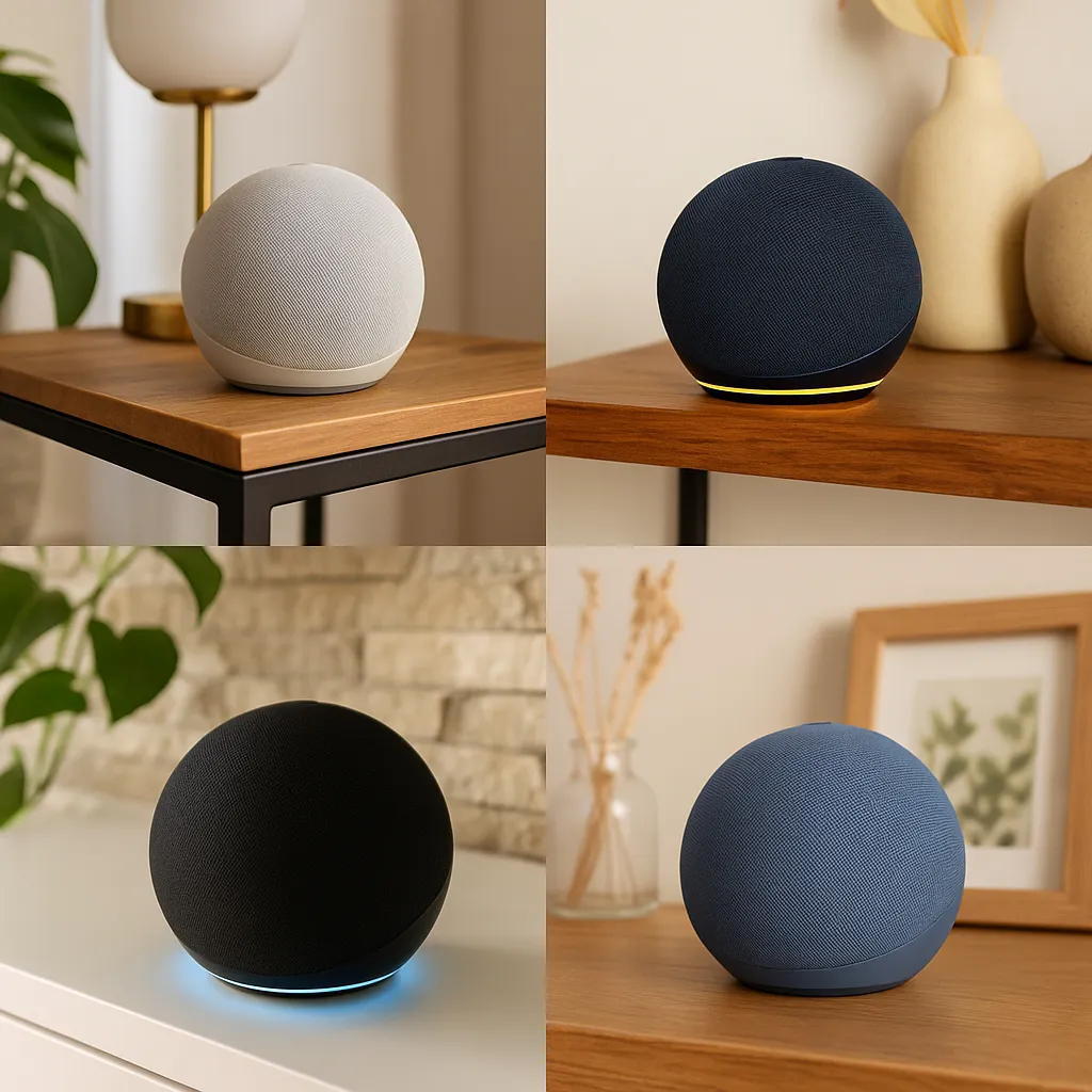 Diferentes opções de cores de assistentes inteligentes Echo Dot, mostrando sua versatilidade e integração com a decoração.