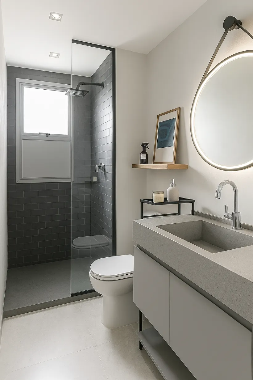 Banheiro com design industrial, revestimento de cimento queimado, espelho redondo com moldura de metal preto e detalhes em preto fosco.