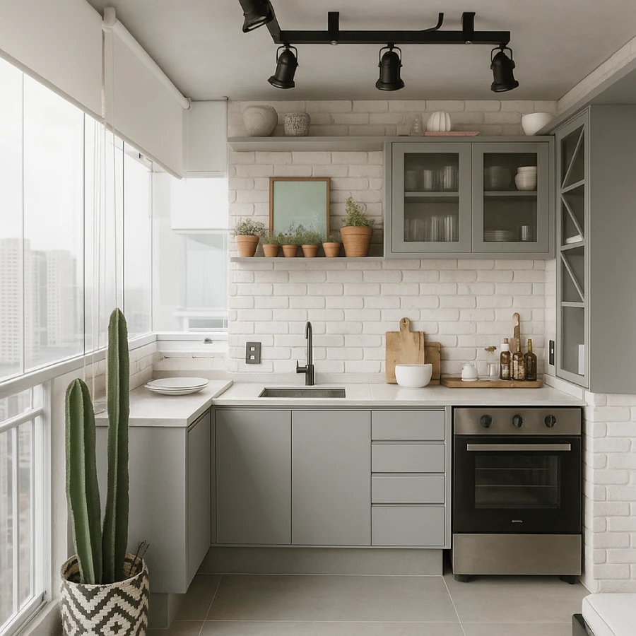 Cozinha com estilo industrial, bancada de cimento queimado, prateleiras abertas de madeira e metal, e eletrodomésticos em inox.