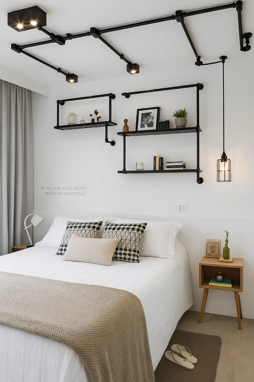 Quarto com decoração industrial, cama com estrutura de metal preto, parede de concreto aparente e iluminação pendente com lâmpadas de filamento.