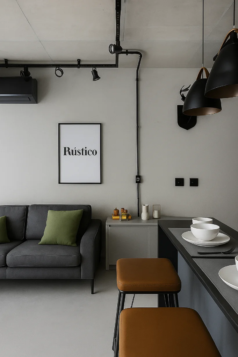 Sala de estar com decoração industrial, sofá de couro marrom, parede de tijolos aparentes e luminárias metálicas pretas.
