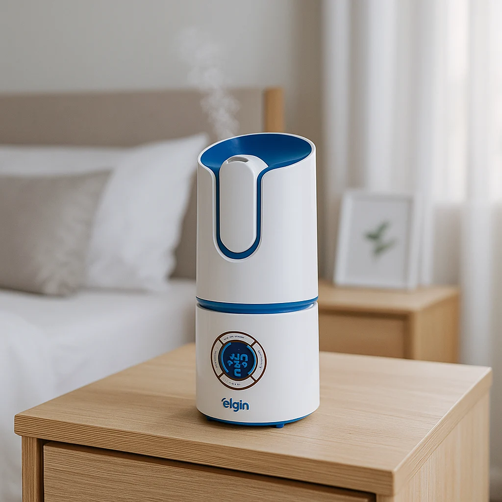 Umidificador de ar em quarto com decoração clean, ajudando a aliviar os sintomas da rinite