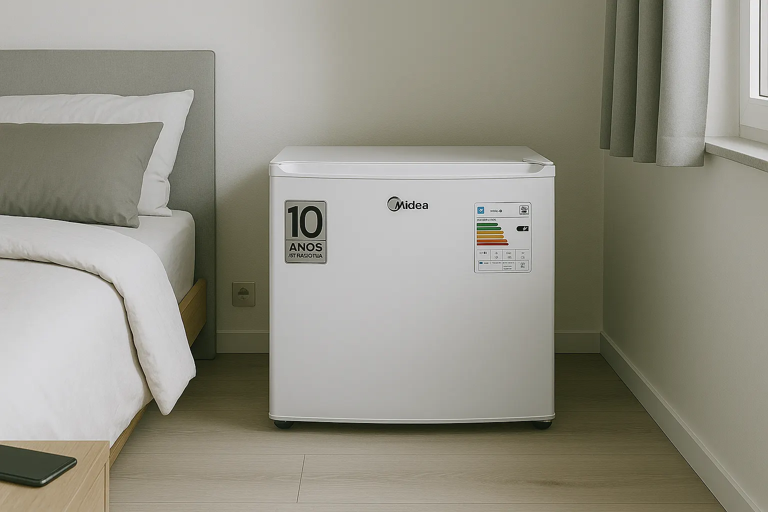 Frigobar Midea 45L branco ambientado em um quarto, simbolizando praticidade e conforto ao alcance.