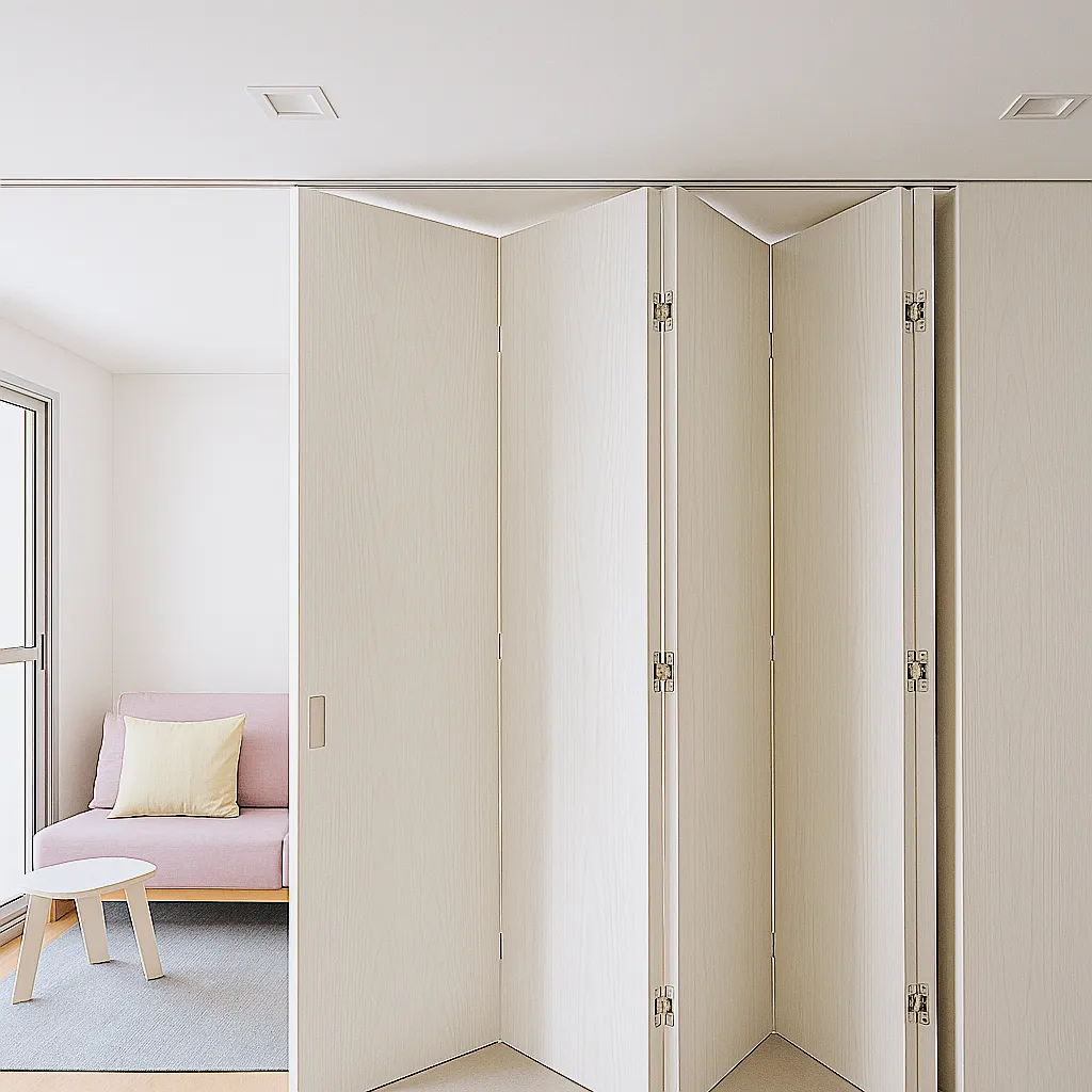 Biombo de madeira com design moderno separando a cama de um apartamento estilo kitnet da área de estar, oferecendo privacidade e flexibilidade