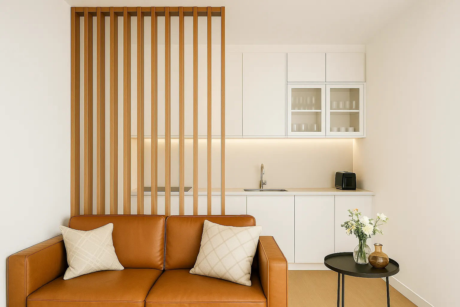 Sala e cozinha integradas em kitnet, divididas por uma elegante divisória ripada de madeira, com iluminação acolhedora
