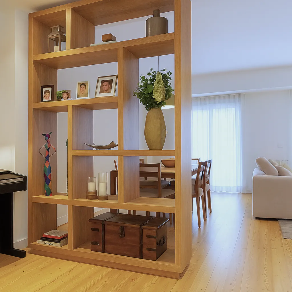 Estante vazada de madeira clara com vários nichos decorados, funcionando como divisória entre a sala e a área de jantar