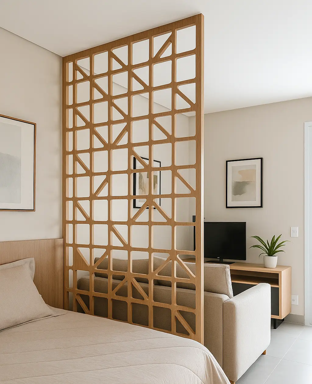 Painel vazado de madeira com design geométrico moderno, dividindo sutilmente a sala de estar de outro ambiente em um apartamento contemporâneo
