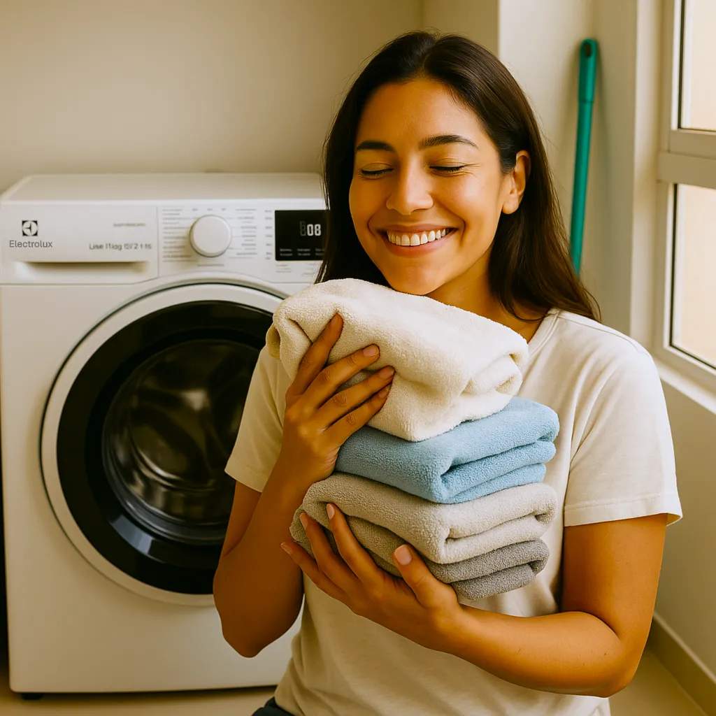 Mulher sorrindo e segurando roupas recém-secas e cheirosas, transmitindo satisfação com a lavanderia