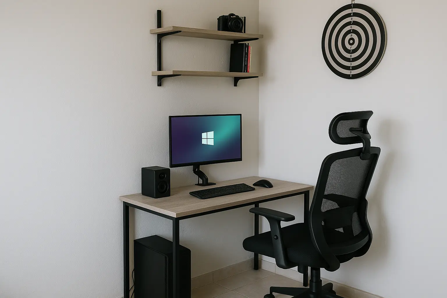 Mesa de escritório estilo industrial em um pequeno espaço de home office no quarto