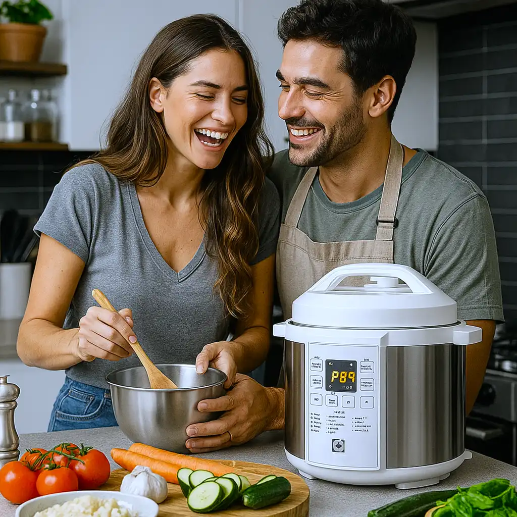 Casal feliz cozinhando juntos com a Panela de Pressão Elétrica Electrolux, cercados por ingredientes frescos e utensílios de cozinha modernos.