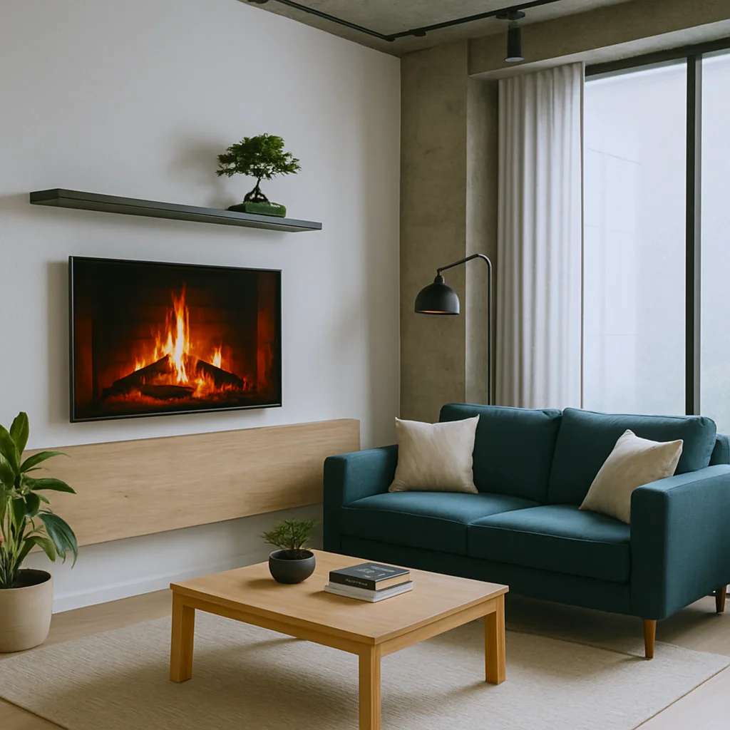 Sala estilo escandinavo no Sudeste brasileiro, com painel de TV e lareira virtual, sofá em tom neutro e plantas urbanas.