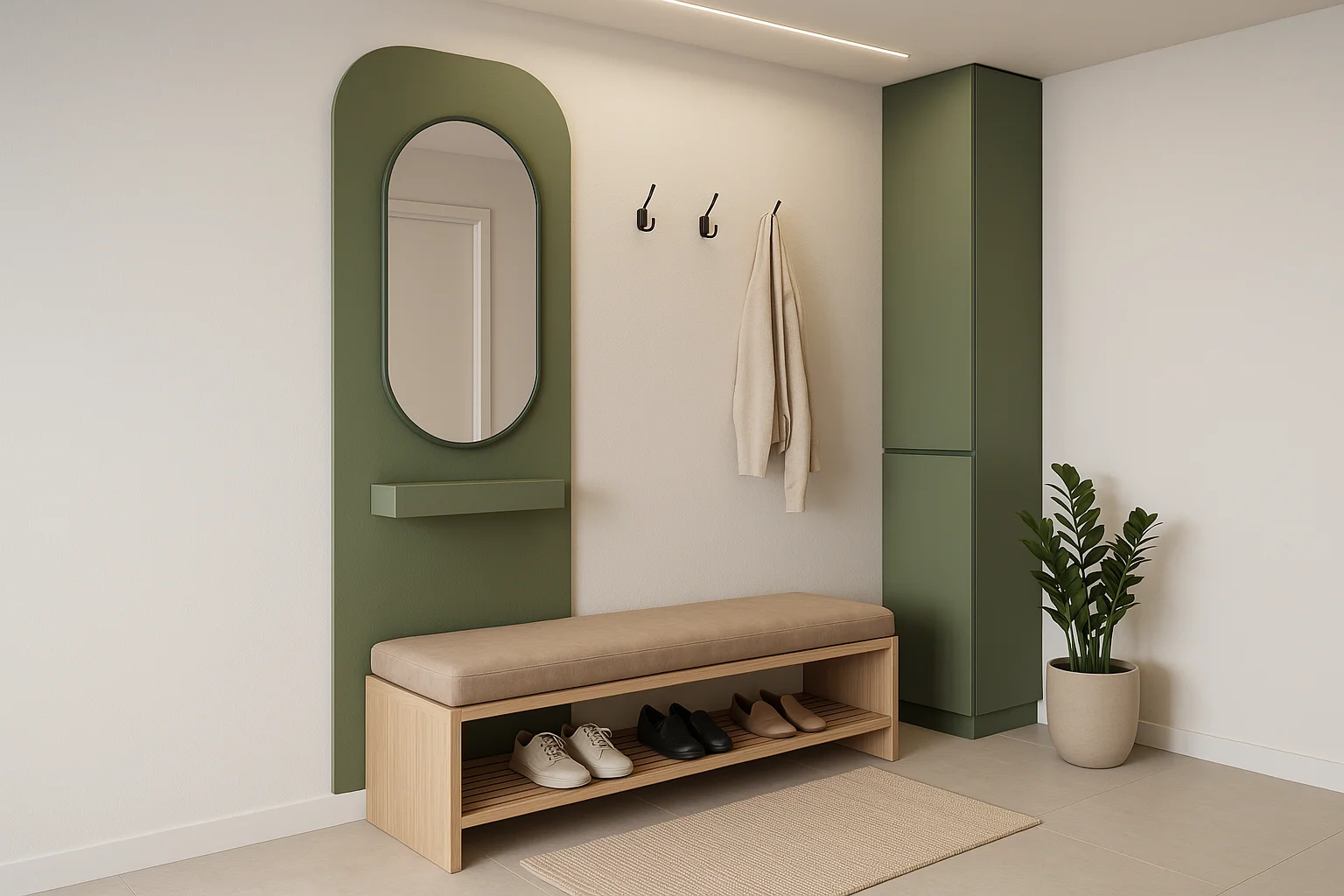 Hall de entrada claro com espelho decorativo com fundo em pintura verde, planta, armário de canto e banco macio