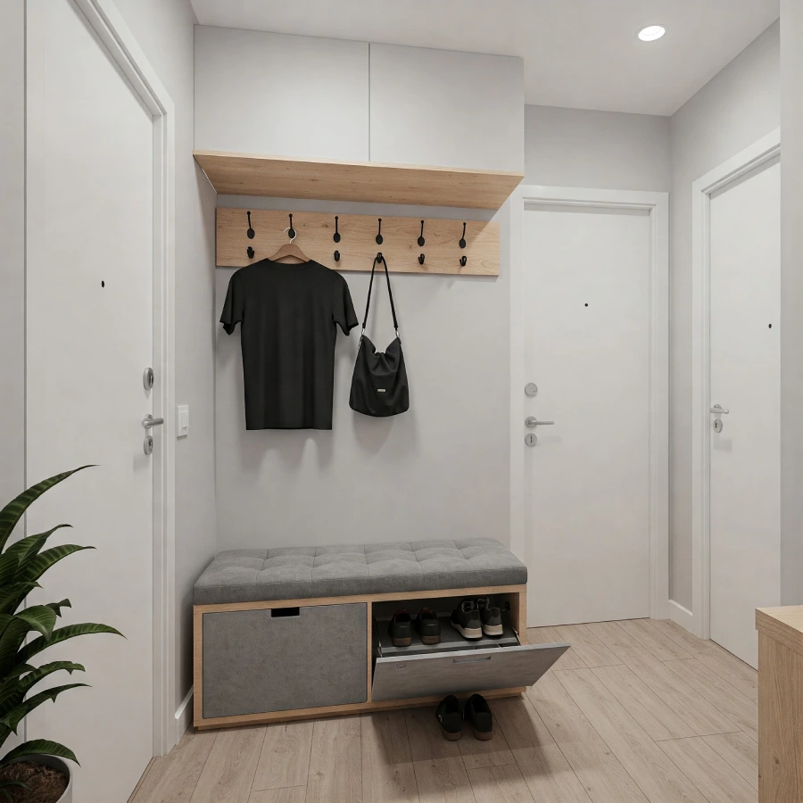 Hall com cabideiro de parede, ganchos estilosos e banco baú com espaço de armazenamento