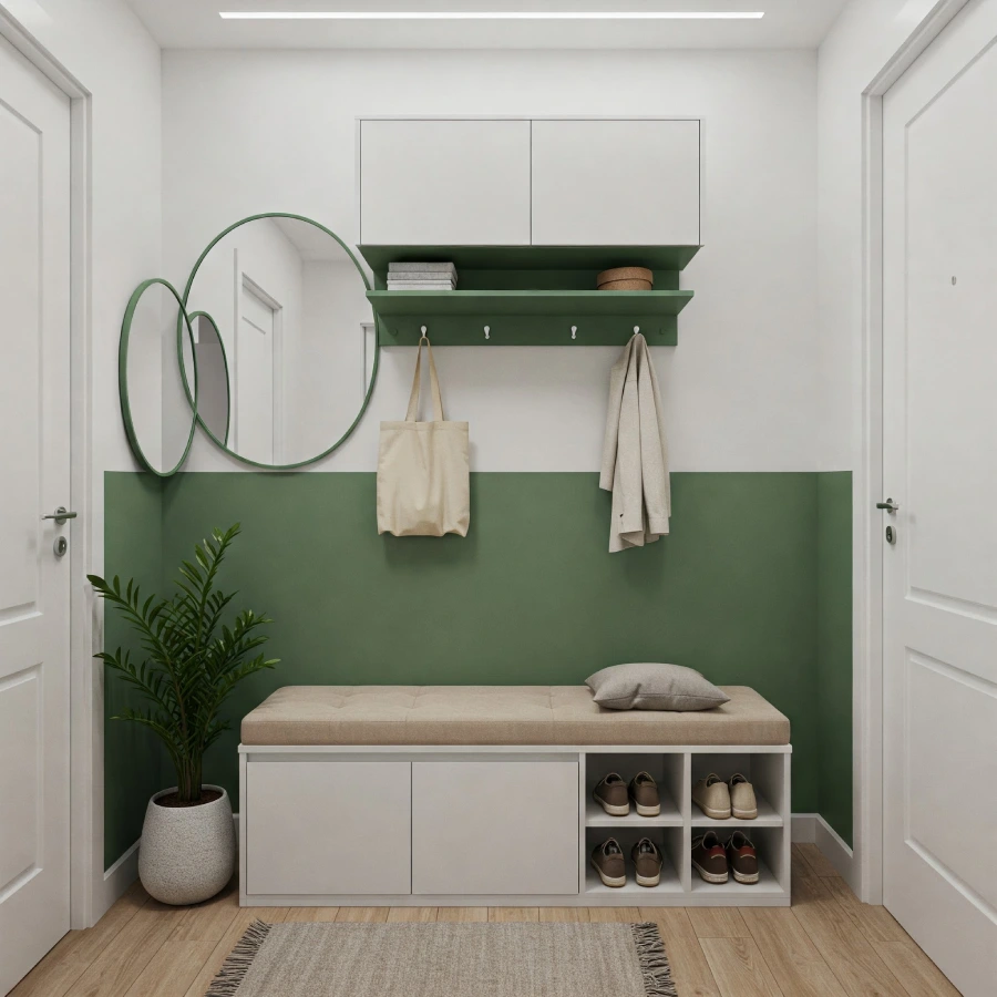 Hall branco com verde, vaso de planta, prateleiras, banco baú, ganchos e espelho