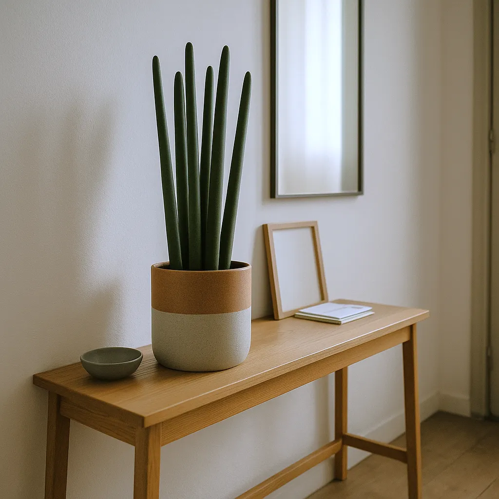 Vaso cilíndrico com Espada de São Jorge de folhas cilíndricas (Lança de São Jorge) em um aparador minimalista em hall de entrada de apartamento.