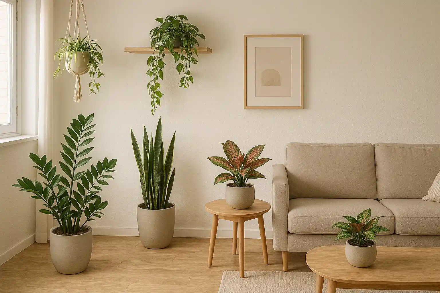Sala no estilo escandinavo, clara e minimalista, com vaso de plantas caseiras.