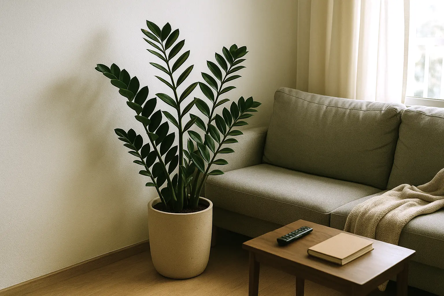 Vaso de planta zamioculca em uma sala moderna de apartamento, próximo a um sofá elegante.