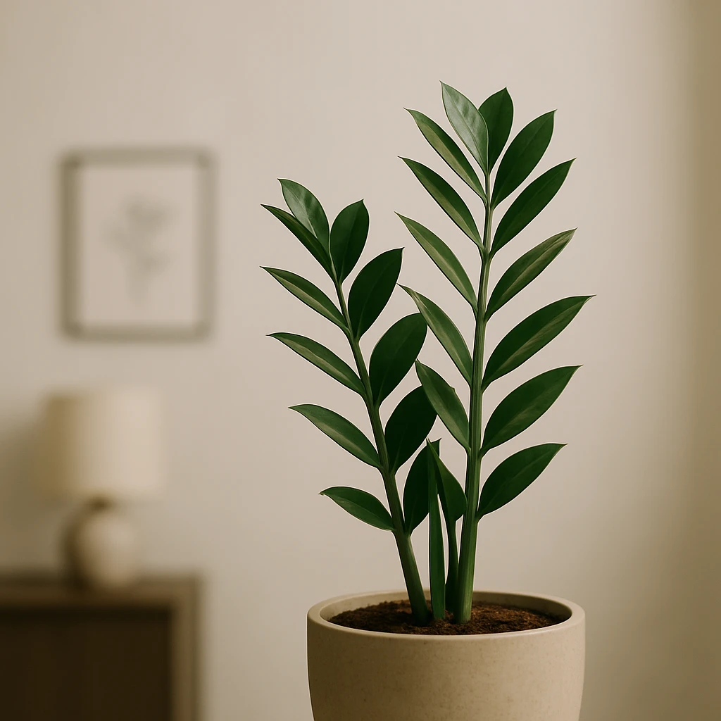 Zamioculca saudável em um ambiente interno com temperatura e umidade controladas.