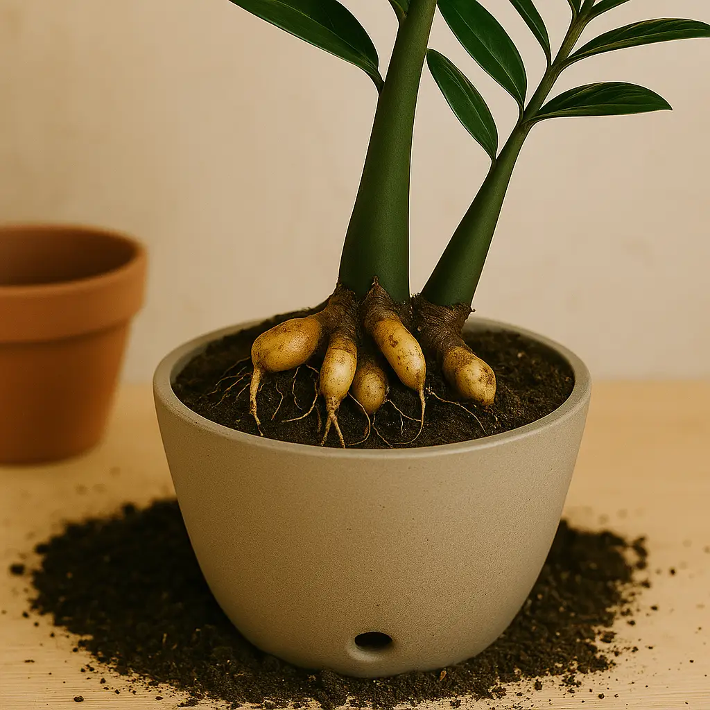 Raízes grossas (rizomas) de uma zamioculca sendo replantada em solo bem drenado.