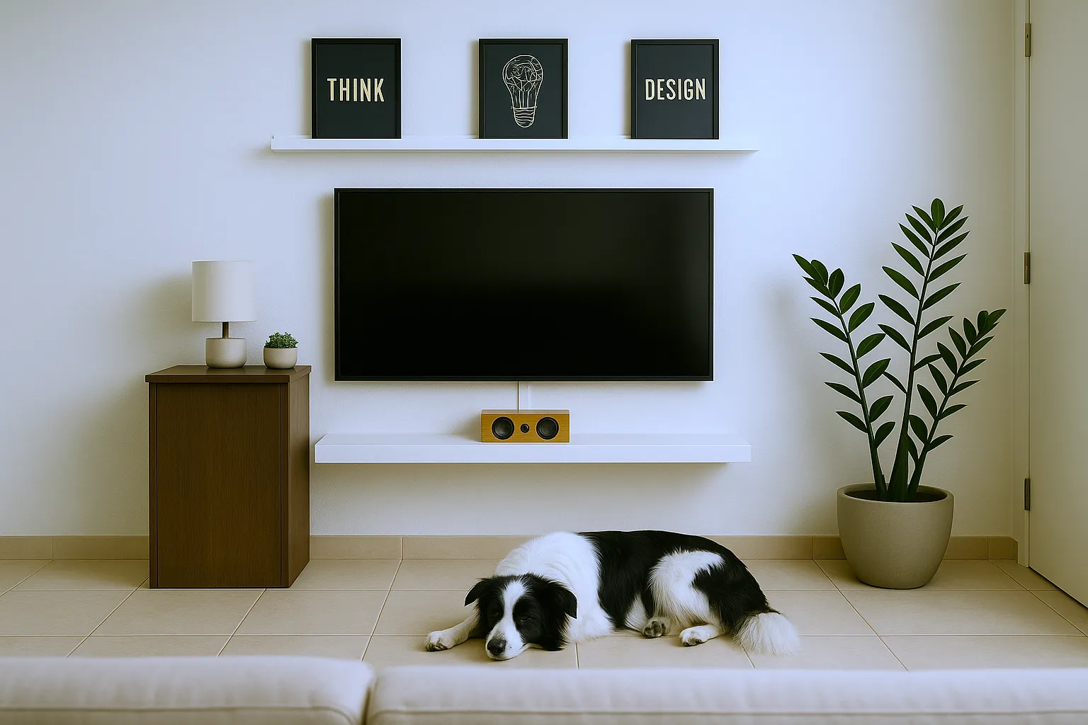 Planta zamioculca no canto de uma sala de apartamento, com um cachorro ao meio