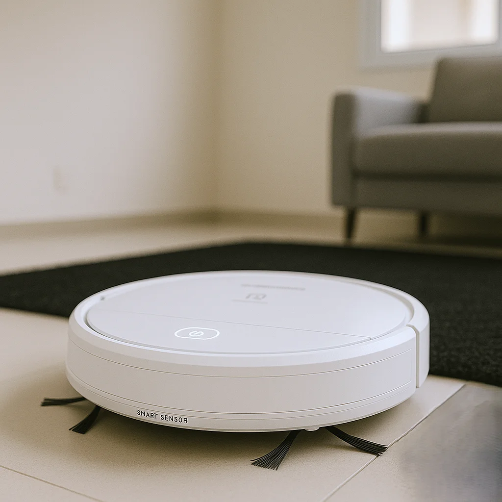 Aspirador de pó robô Electrolux ERB11, branco, em um ambiente de sala com piso de madeira