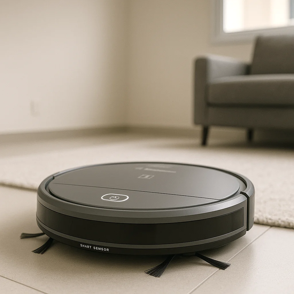 Aspirador de pó robô Electrolux ERB30, preto, ao lado de sua base de carregamento