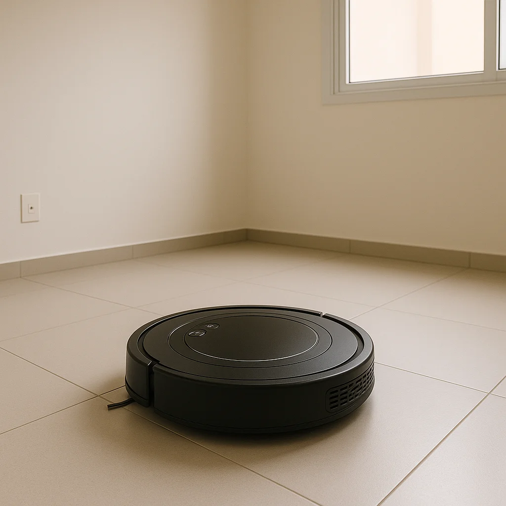 Aspirador de pó robô WAP ROBOT W90, preto, mostrando suas rodas emborrachadas