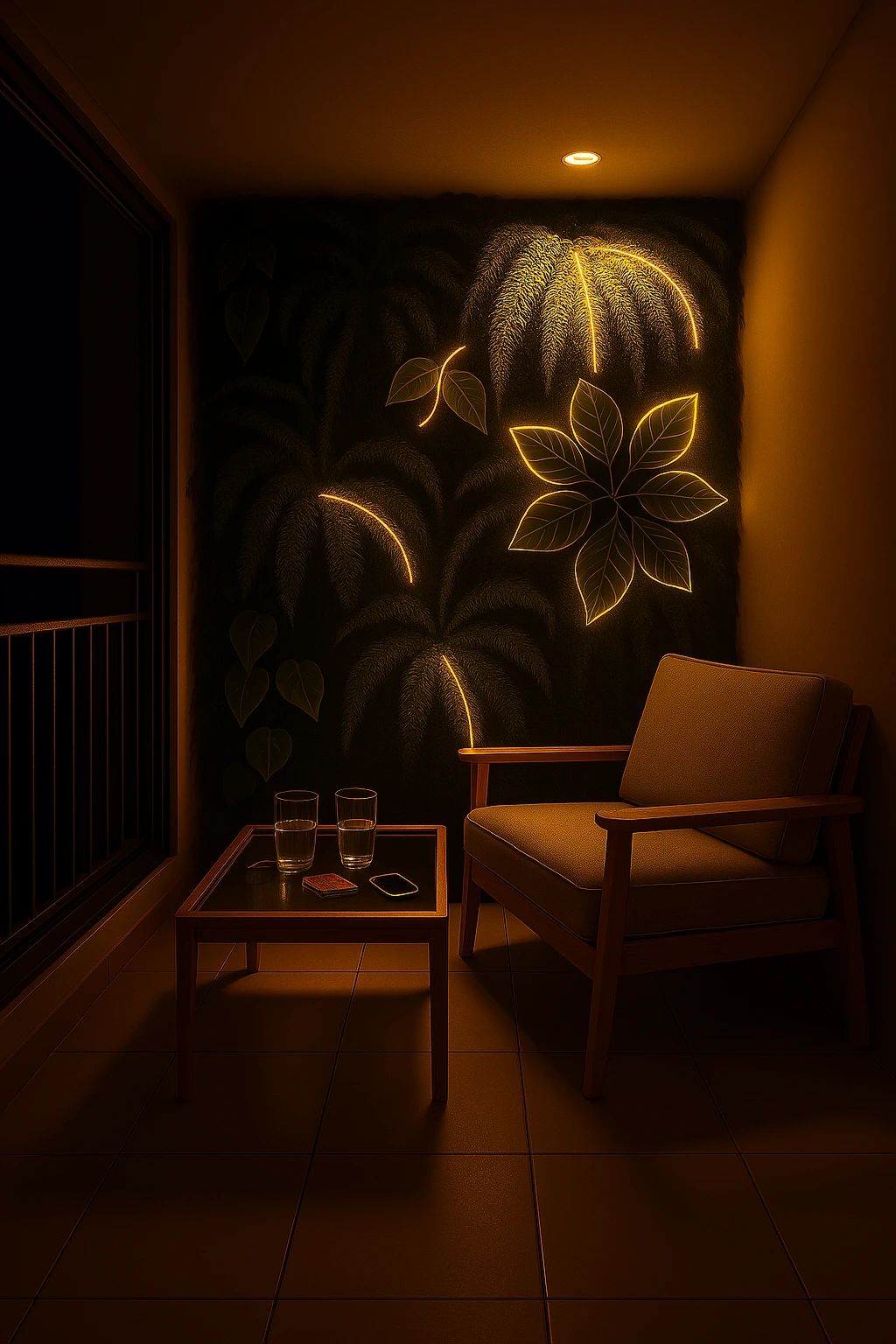 Iluminação indireta destacando o jardim vertical em varanda à noite