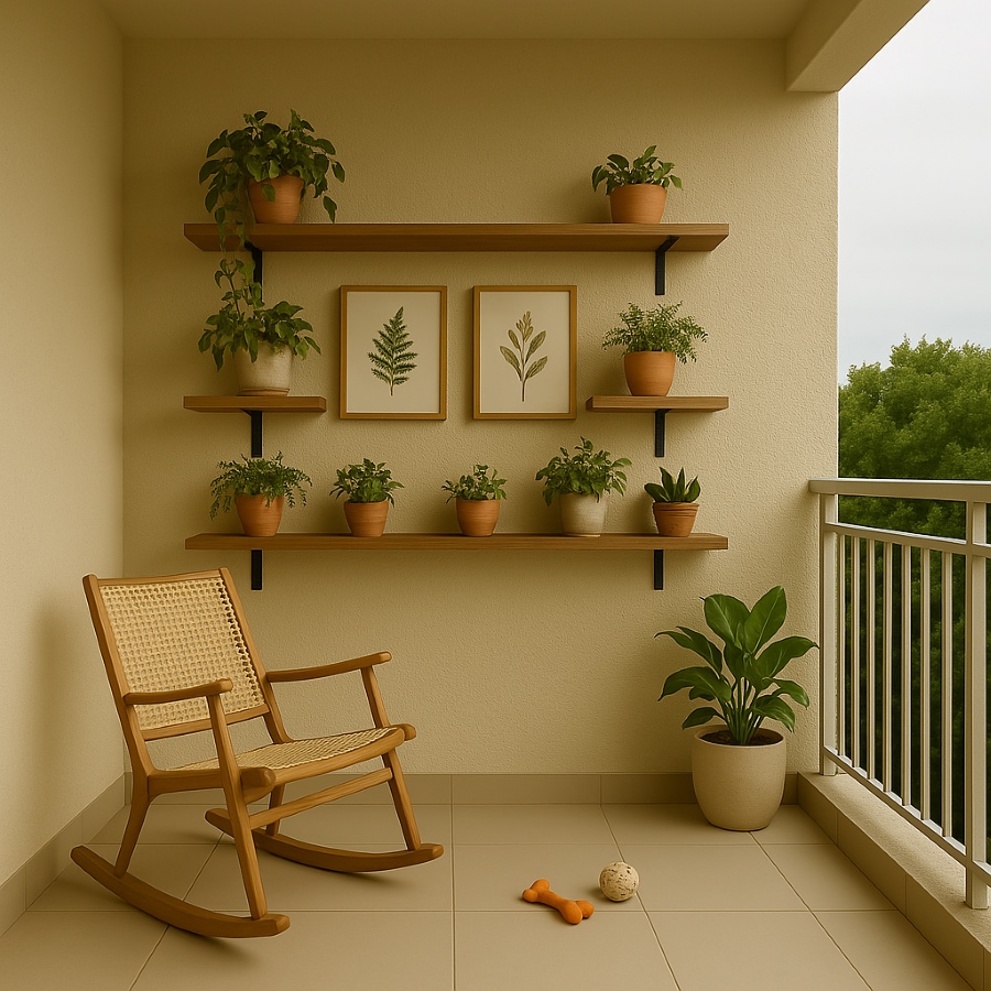 Plantinhas tropicais em prateleiras na varanda de apartamento e cadeira de madeira clara