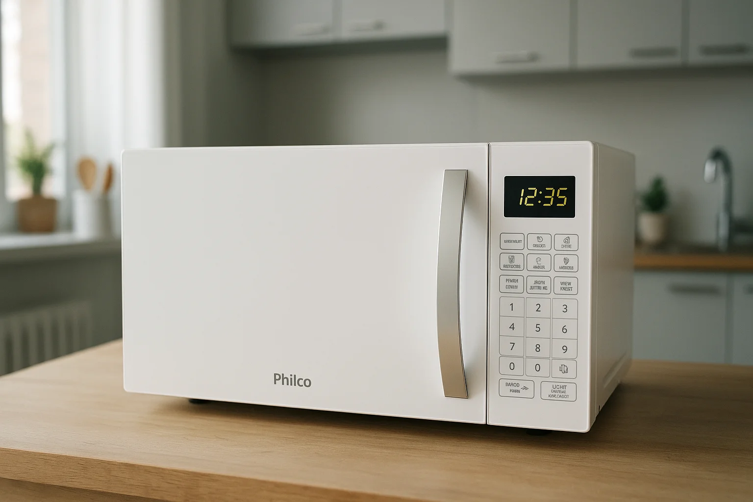 micro-ondas moderno branco sobre uma bancada de cozinha