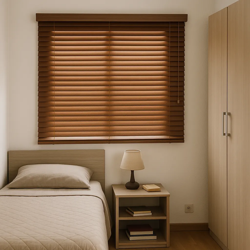Quarto com persiana horizontal de madeira marrom permitindo controle da luz