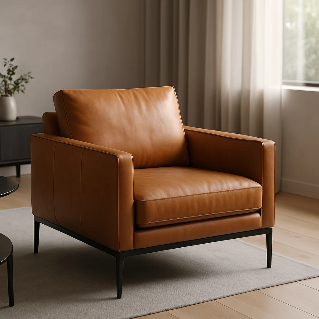 Poltrona de couro marrom modular quadrada ao centro com pés em metal