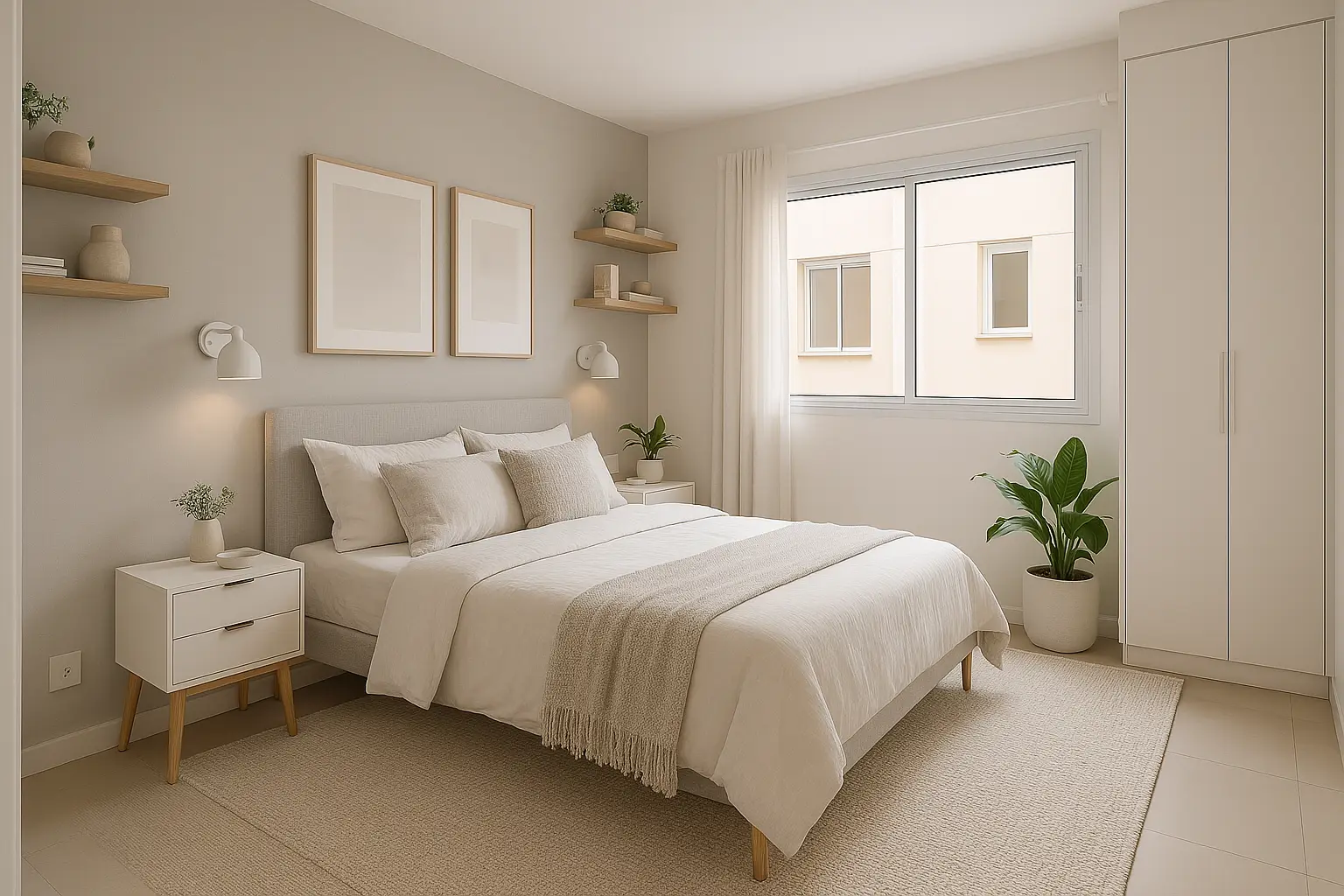 quarto escandinavo com paredes brancas, roupa de cama marfim e detalhes em madeira clara