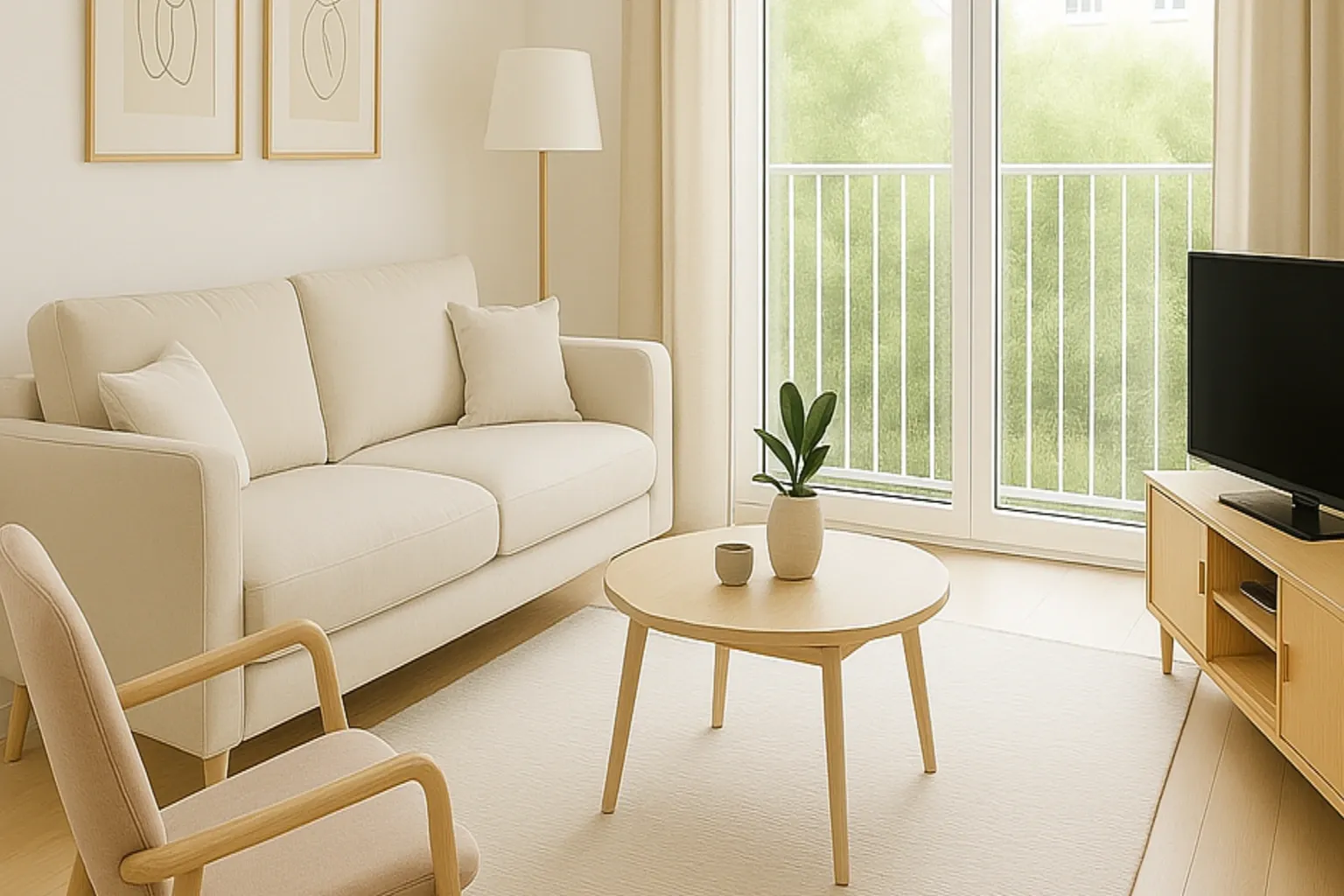 Sala de estar escandinava com sofá branco, móveis de madeira clara e decoração minimalista