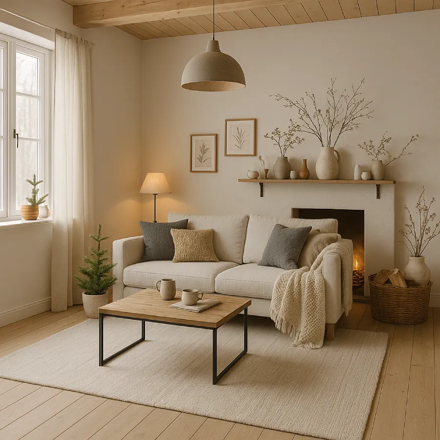 Sala de estar branca com decoração em madeira marfim e tapete minimalsita no estilo escandinavo
